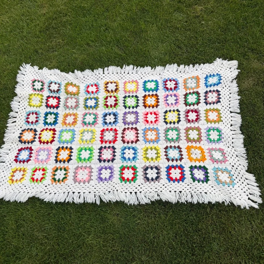 A+ Vintage Handmade Crochet Granny Square Throw Blanket Multi-Color Fringe Boho